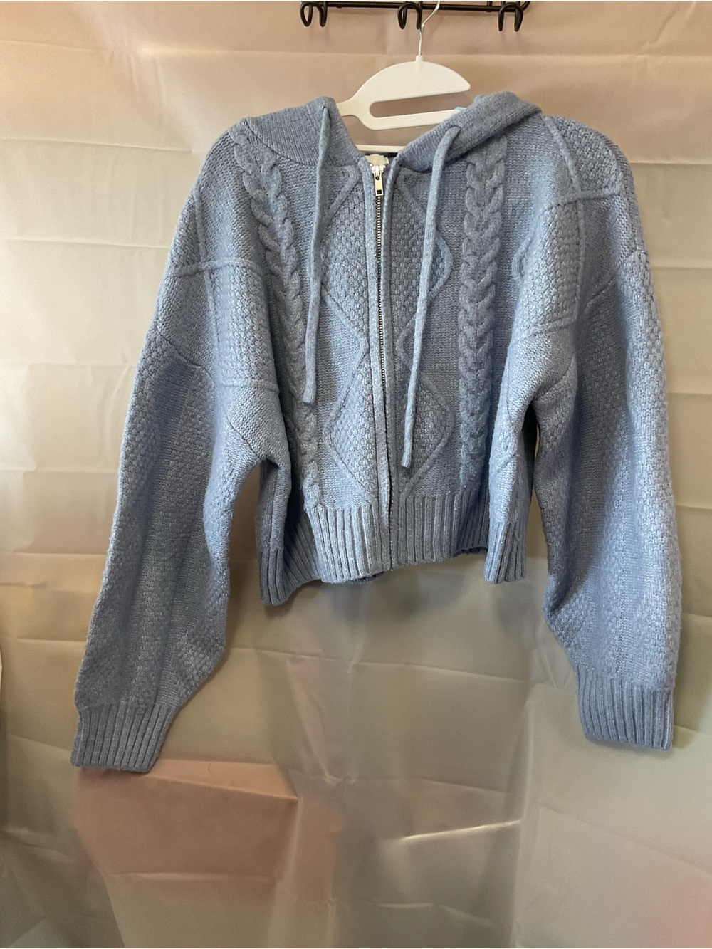 Pink RoseLight Blue Cable-Knit Zip Hoodie Sweater